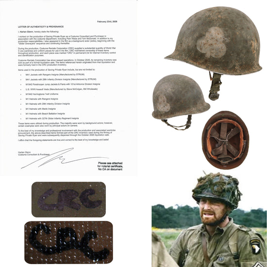 Original U.S. M1 Helmet Used in Saving Private Ryan – 327th Glider Infantry Regiment, 101st Airborne Division with Matching Liner – With Copy of Notarized Letter of Authenticity