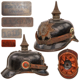 Original Imperial German WWI Kingdom of Saxony M1915 Infantry EM/NCO Pickelhaube Spiked Helmet with Correct Saxon Style Cockades by Müller & Sprung of Dresden - Dated 1915