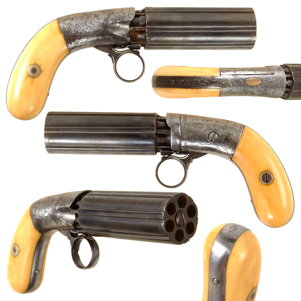 Original 19th Century U.S. Blunt & Syms Medium Frame Underhammer Percussion Pepperbox Revolver with Ivory Grips - Circa 1850 Original Items