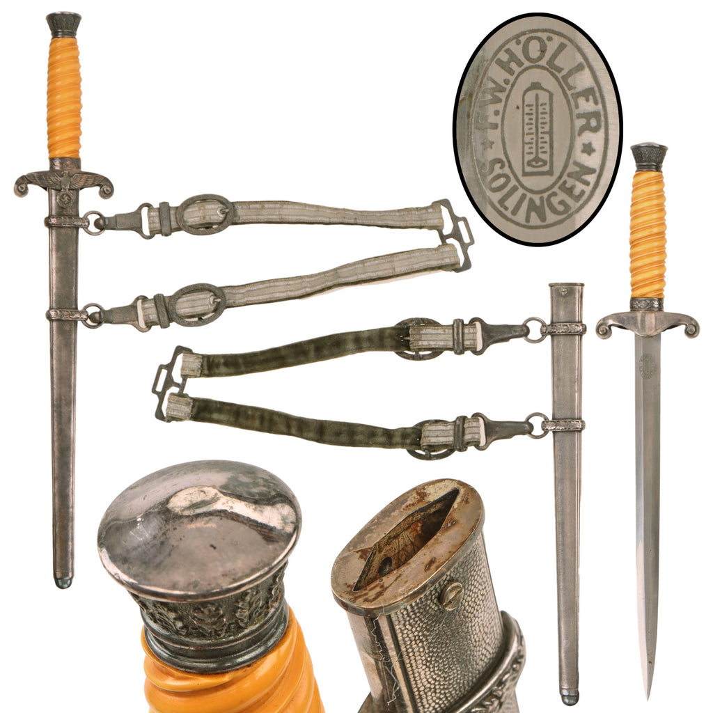 Original German WWII Early Army Heer Officer Dagger by F. W. Höller of Solingen with Excellent Blade, Scabbard, and Hanger Original Items