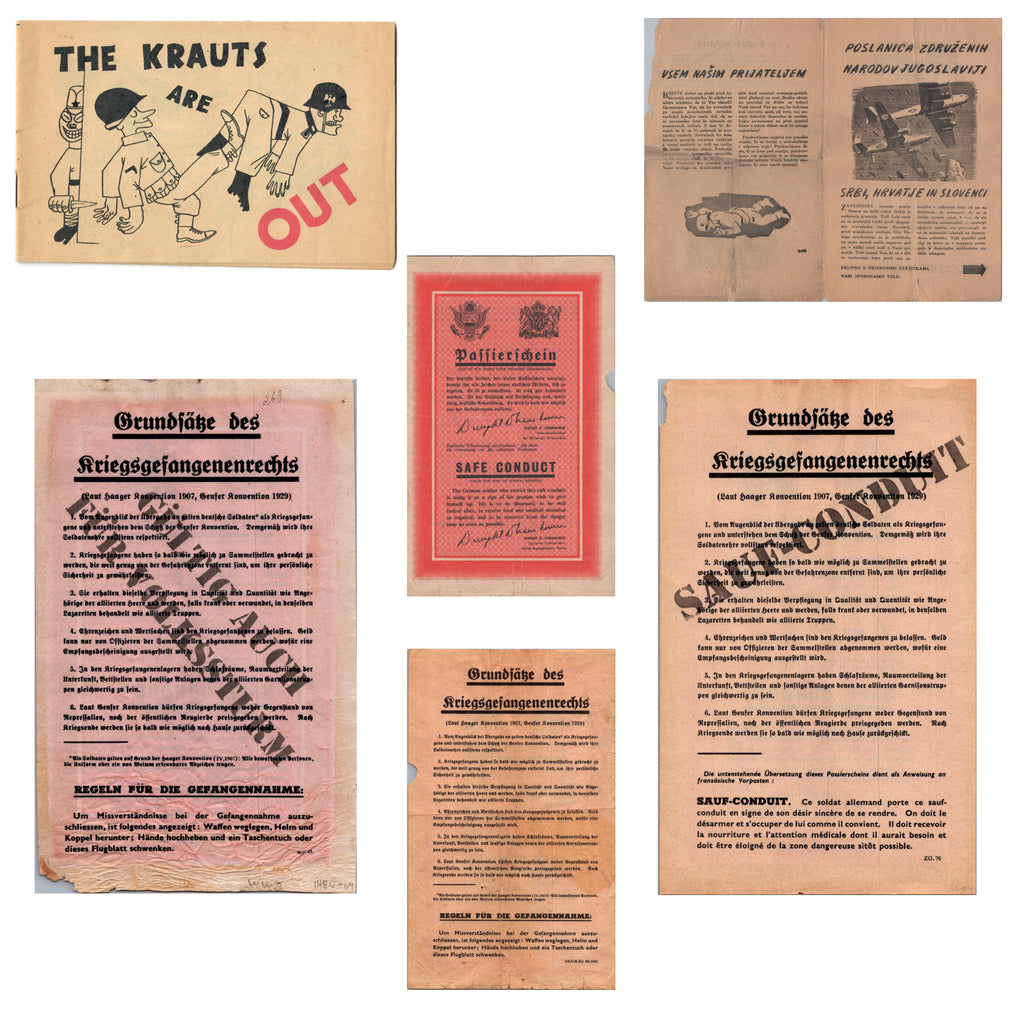 Original U.S. WWII Propaganda Leaflet Lot Dropped on German Soldiers with Yugoslavian Leaflet and “Krauts are Out” Booklet - Five Items Total Original Items