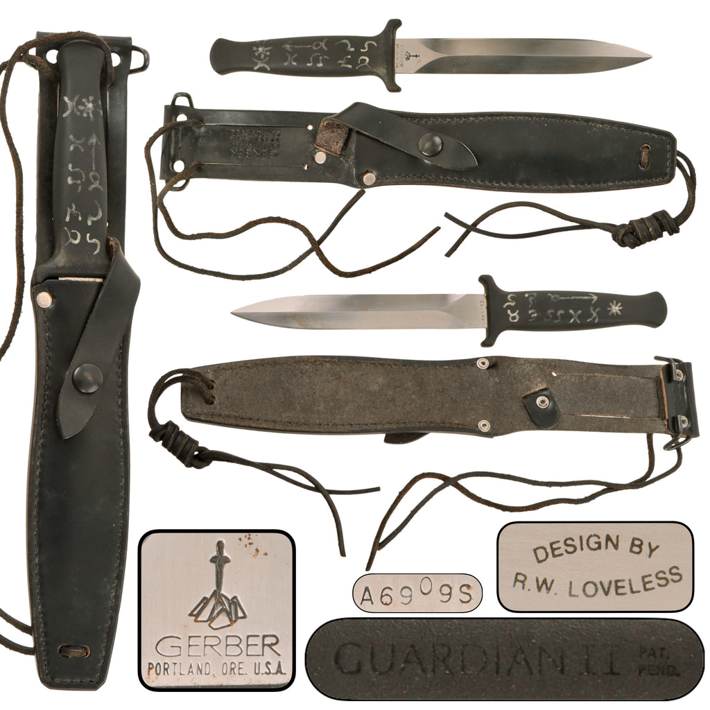Original U.S. Post-Vietnam War Era Gerber Guardian II Combat Knife by R.W. Loveless in Sheath - Interesting Rune Handle Inscriptions