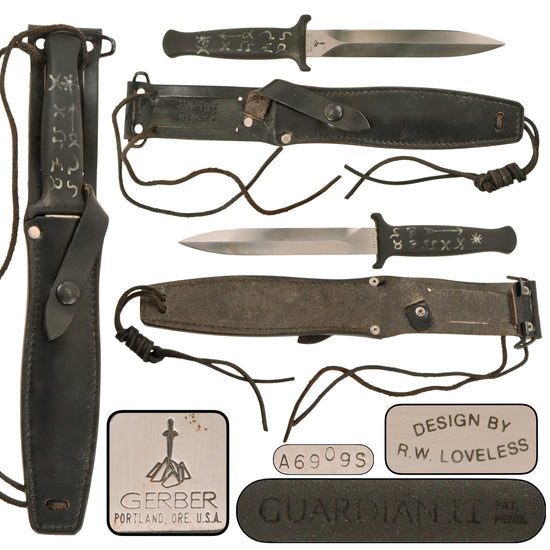 Original U.S. Post-Vietnam War Era Gerber Guardian II Combat Knife by R.W. Loveless in Sheath - Interesting Rune Handle Inscriptions