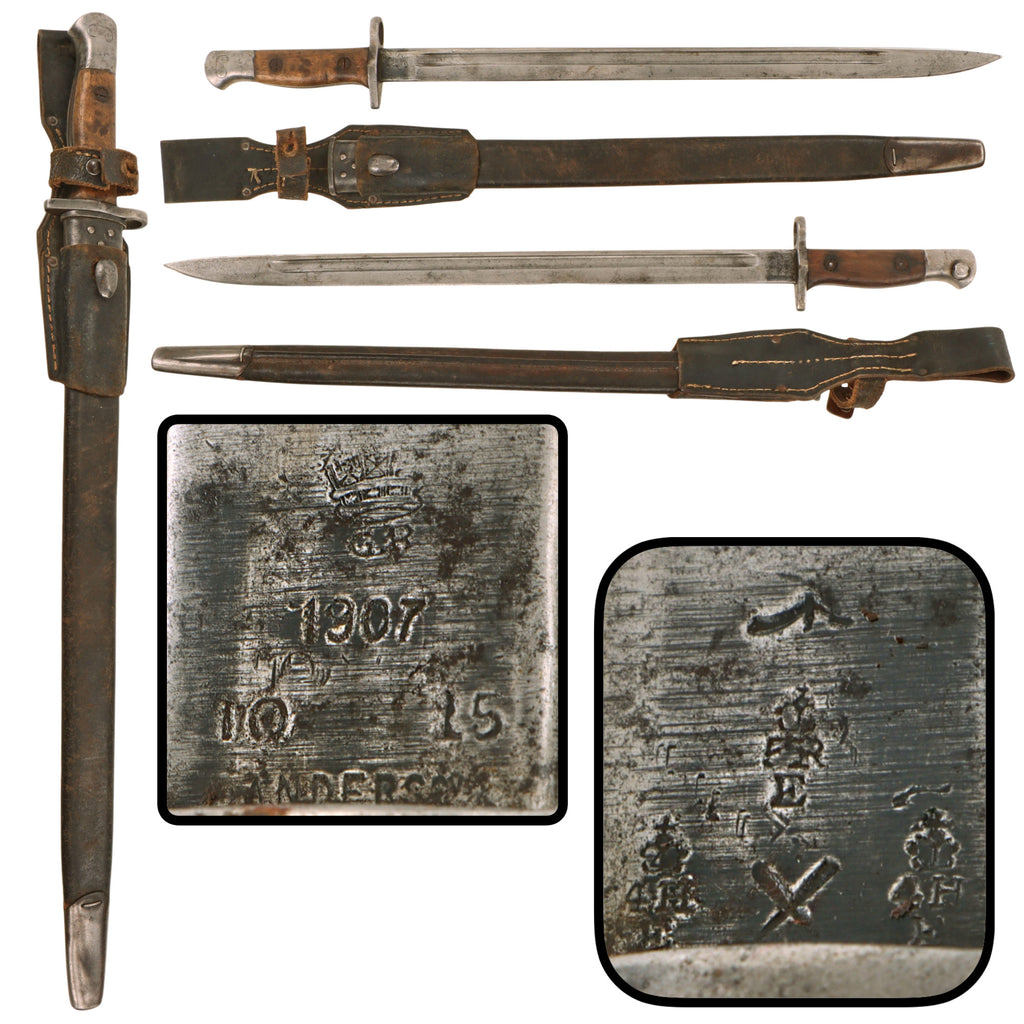 Original British WWI P-1907 Enfield Bayonet by Wilkinson with Scabbard & Captured WWII German Bayonet Frog - Dated 1915 Original Items