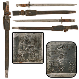 Original British WWI P-1907 Enfield Bayonet by Wilkinson with Scabbard & Captured WWII German Bayonet Frog - Dated 1915