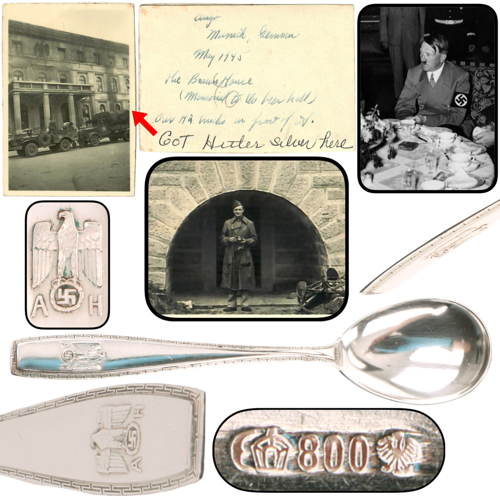 Original German WWII May 1945 Munich Führerbau Recovered AH “Formal Pattern” .800 Silver Sugar Spoon by Bruckmann & Söhne with Notarized Provenance from Captain Abraham Epstein - 1269th Engineer Combat Battalion