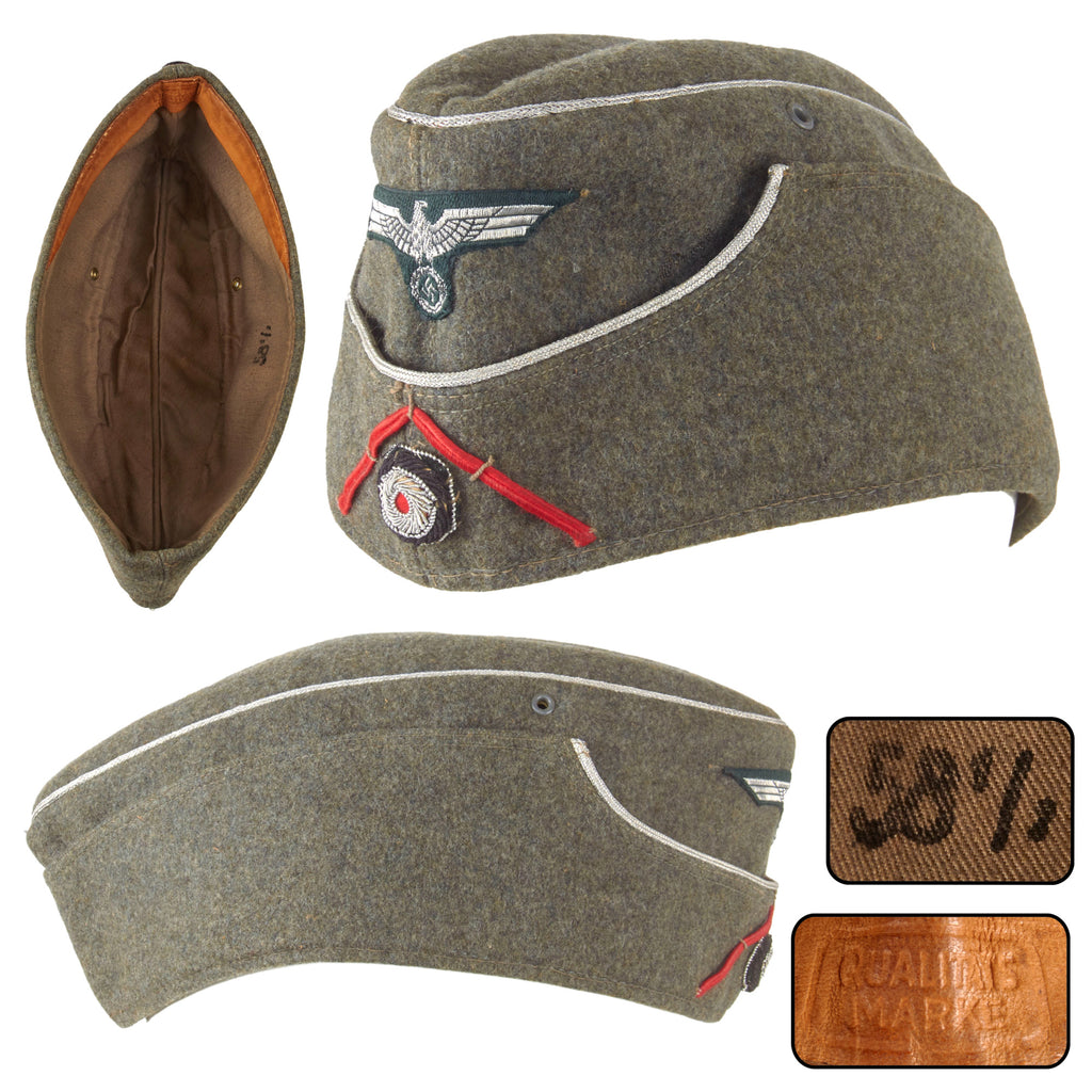 Original German WWII Heer Artillery Officer M38 Wool Overseas Cap with Red Soutache, Size 58 1/2