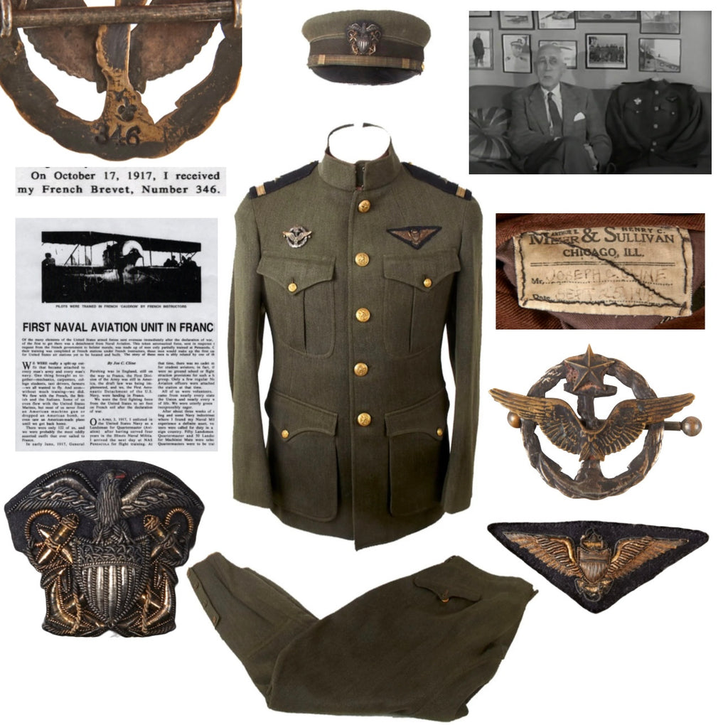 Original U.S. WWI Navy First Aeronautic Detachment Uniform & Visor with French & U.S. Naval Pilot’s Wings of Ensign Joseph C. Cline - Flew First American Combat Patrol of WWI - Interview Posted Online Original Items