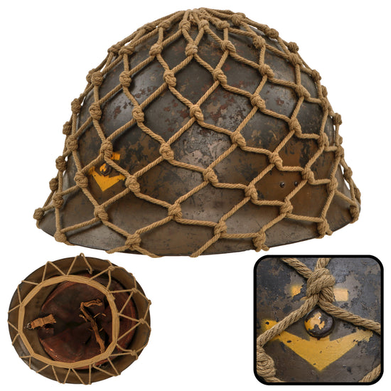 Original WWII Japanese Special Naval Landing Forces SNLF Helmet Shell with Period Hand Painted Anchor and Museum Grade Reproduction Camouflage Net Original Items