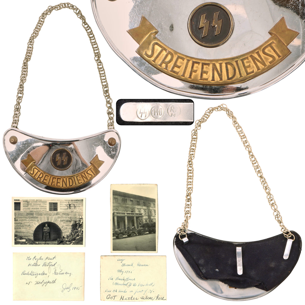 Original German WWII May 1945 Munich Führerbau Recovered SS Streifendienst Patrol Duty Gorget Attributed to Wilhelm Schröder & Co. with Notarized Provenance from Captain Abraham Epstein - 1269th Engineer Combat Battalion