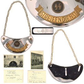 Original German WWII May 1945 Munich Führerbau Recovered SS Streifendienst Patrol Duty Gorget Attributed to Wilhelm Schröder & Co. with Notarized Provenance from Captain Abraham Epstein - 1269th Engineer Combat Battalion