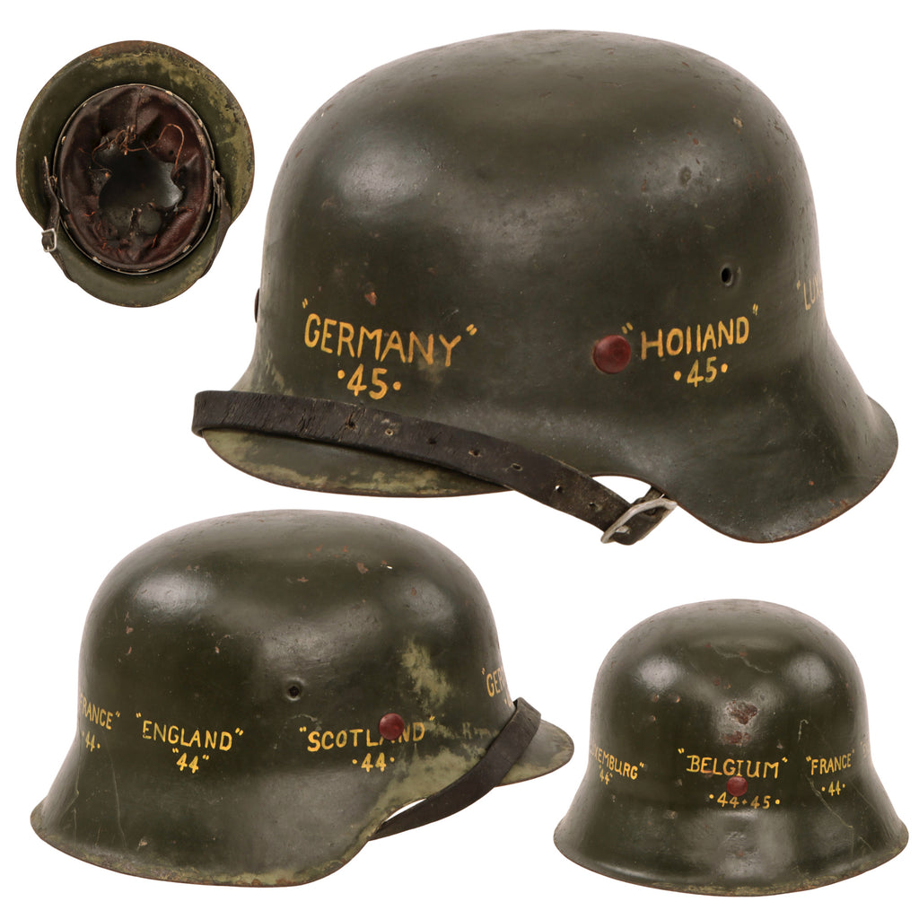 Original German WWII USGI Repainted Travel Diary Large M42 Helmet with 1943 Dated 58cm Liner and Chinstrap - Stamped EF66 Original Items