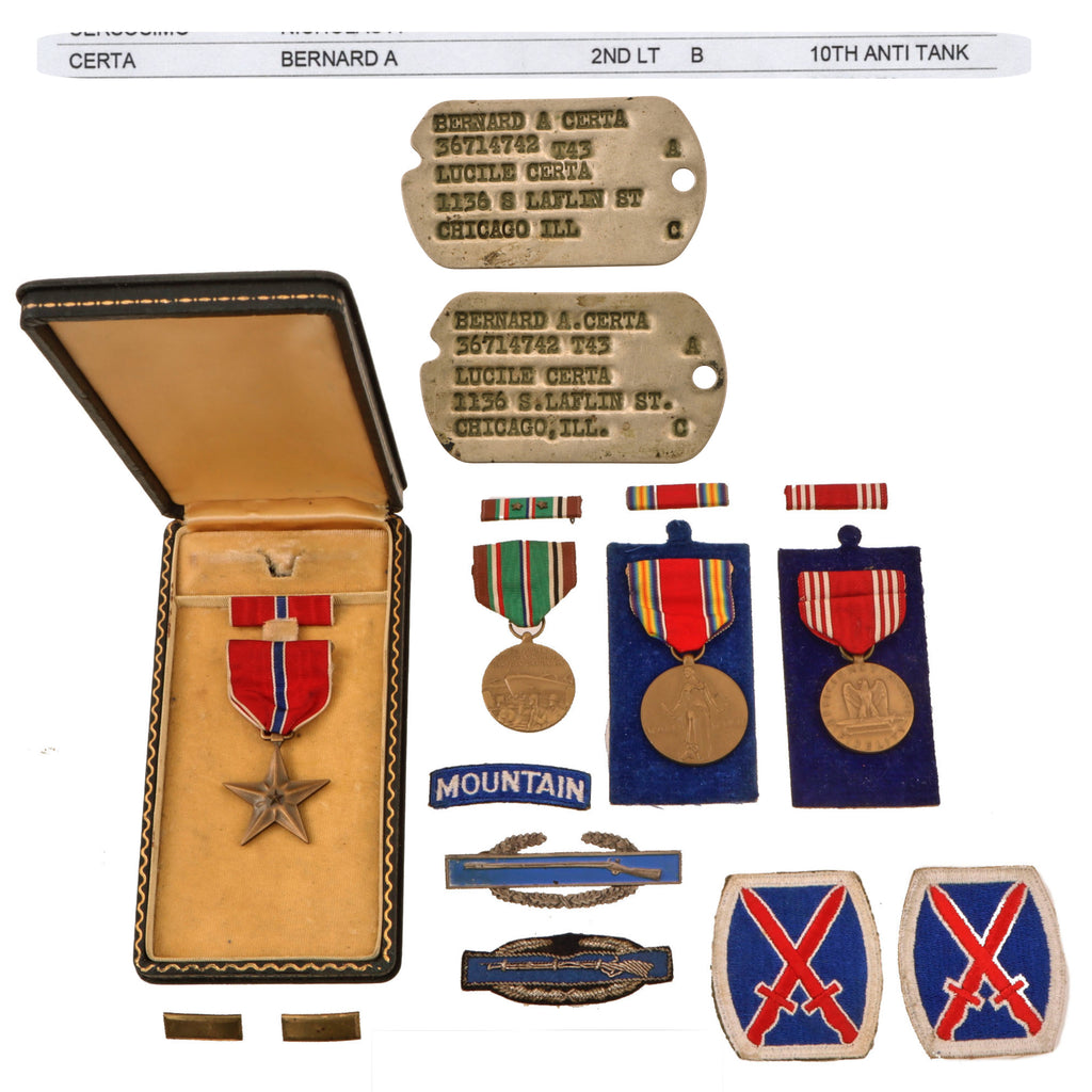 Original U.S. WWII 10th Mountain Division Officer’s Dog Tag & Medal Grouping with Italian-Made CBI with Research - Lieutenant Bernard A. Certa, 10th Anti-Tank Battalion Original Items