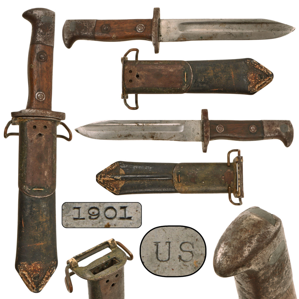 Original U.S. WWI Fighting Knife Made from Cutdown Krag Bayonet with Lead-Filled Pommel & Enfield Bayonet Scabbard Original Items