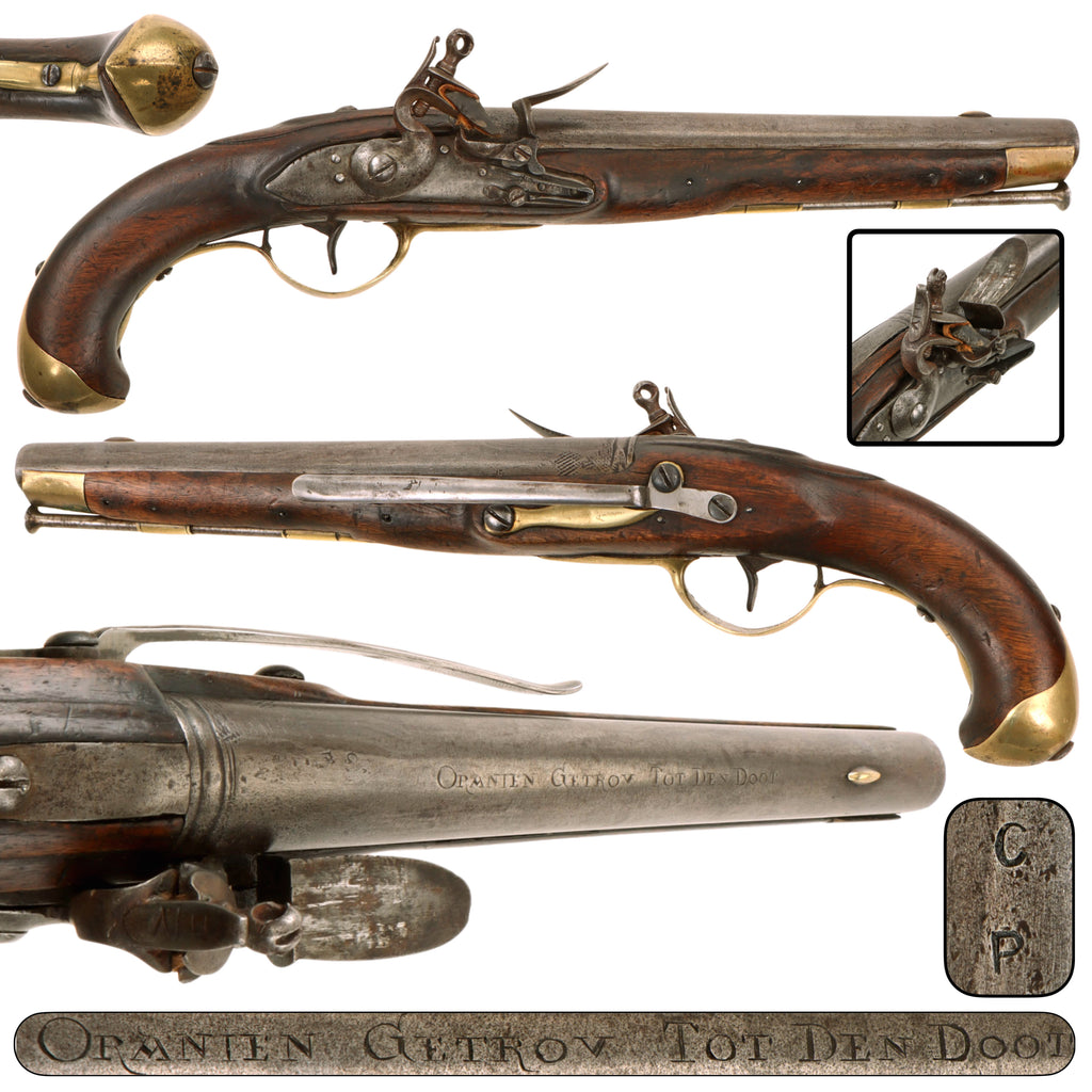 Original 19th Century Dutch Flintlock Naval Pistol with Belt Hook Marked ORANIEN GETROV TOT DEN DOOT on Barrel, Circa 1820