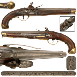 Original 19th Century Dutch Flintlock Naval Pistol with Belt Hook Marked ORANIEN GETROV TOT DEN DOOT on Barrel, Circa 1820