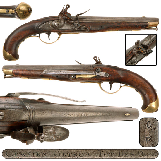 Original 19th Century Dutch Flintlock Naval Pistol with Belt Hook Marked ORANIEN GETROV TOT DEN DOOT on Barrel, Circa 1820