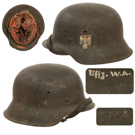 Original German WWII Heer Army Single Decal M42 Steel Helmet with 1943 Dated 56cm Liner and Chinstrap - Stamped EF64