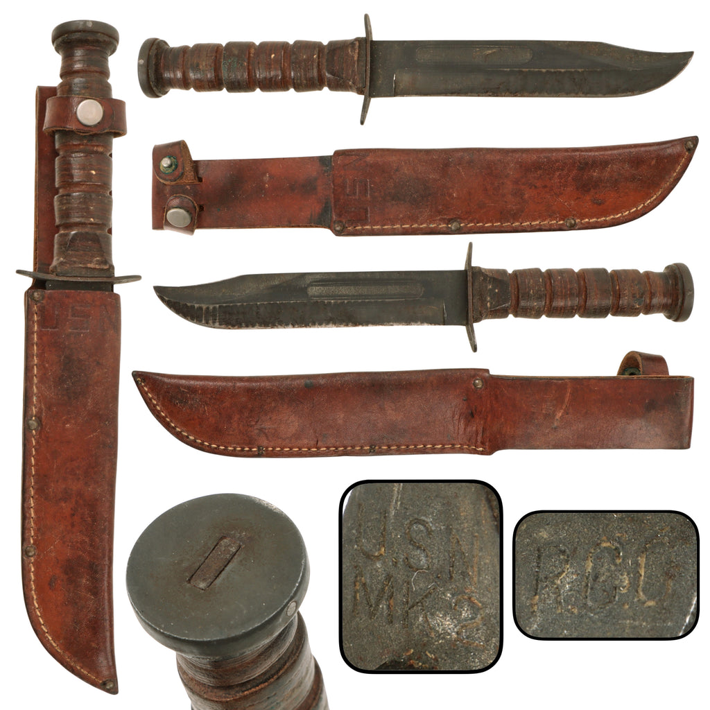 Original U.S. WWII Navy Mark 2 Fighting Knife by Robeson Cutlery Company RCC with Leather Scabbard and Guard Marked