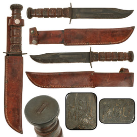 Original U.S. WWII Navy Mark 2 Fighting Knife by Robeson Cutlery Company RCC with Leather Scabbard and Guard Marked