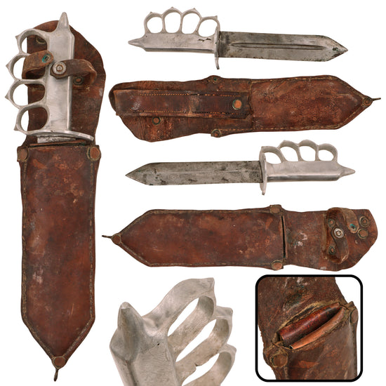 Original U.S. WWII Aluminum Handle Knuckle Knife with M1918 Style Handle & Intricate Custom Sheath Original Items