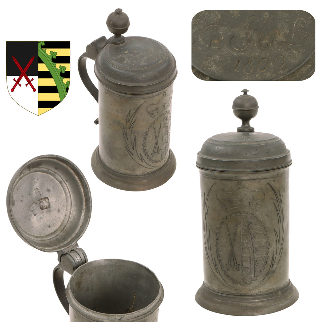 Original German Electorate of Saxony 1800-Dated Pewter Stein with 3-Struck Hallmarks and Engraved Coat of Arms of Electorate Original Items