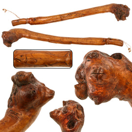 Original Native American 19th Century Wabanaki Multi-Animal Root Head Birch Dancer Trade Club with Fish Motif & Butterfield & Butterfield Auction Tags - Circa 1890