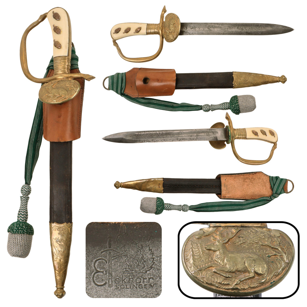 Original German WWII Hirschfänger Bone Handle Forestry Dress Dagger by Carl Eickhorn with Triple-Etched Blade, Scabbard, and Troddel Knot Original Items