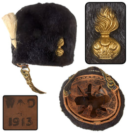 Original British WWI Era Royal Welsh Fusiliers War Department Stamped Bearskin “Busby” Helmet with Liner & Chinscales - Dated 1913