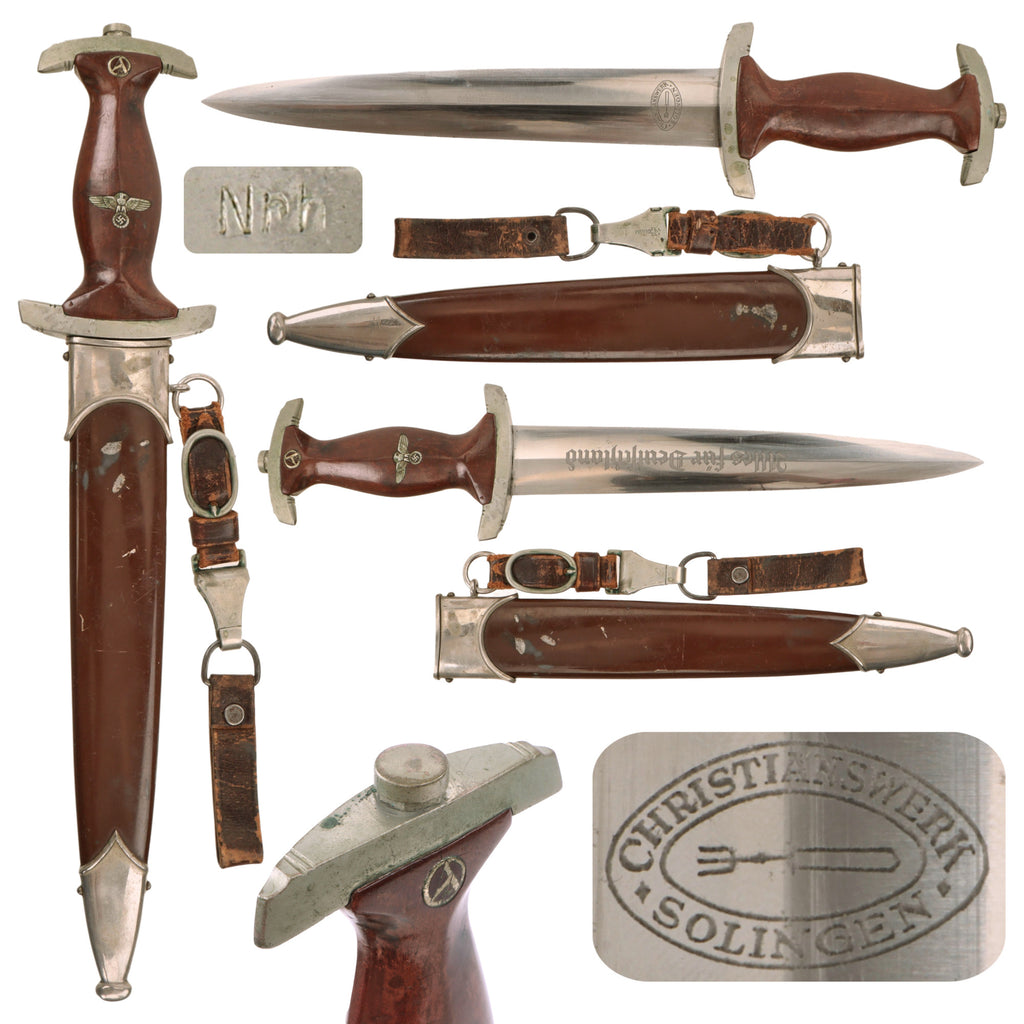 Original German Early WWII SA Dagger by Gebrüder Christians of Solingen with Excellent Blade, Scabbard, Hanger, and Belt Loop