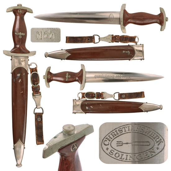 Original German Early WWII SA Dagger by Gebrüder Christians of Solingen with Excellent Blade, Scabbard, Hanger, and Belt Loop