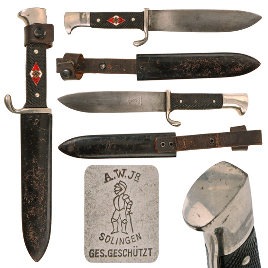 Original German WWII Early Motto-Marked HJ Trip Knife by Scarce Maker Anton Wingen Jr. with Scabbard