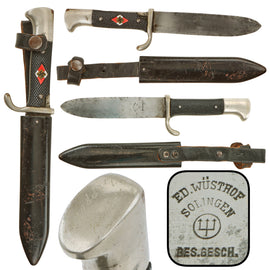 Original German Pre-WWII HJ Youth Fahrtenmesser Knife by Ed. Wüsthof of Solingen with Motto, Shortened Blade, and Scabbard