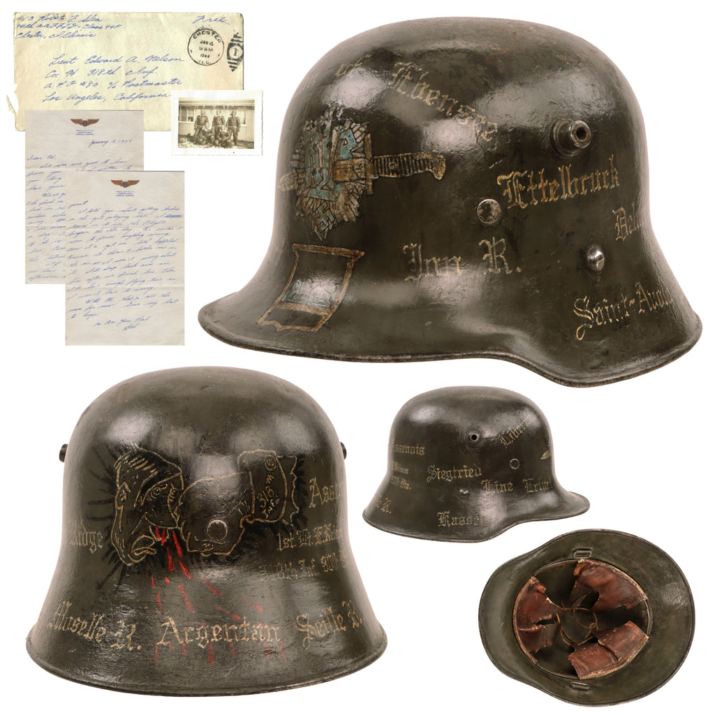 Original German WWII Identified USGI Decorated Travel Diary RLB Air Defense Reissued Austrian M17 Helmet with Letter and Photo - Size 64 Shell