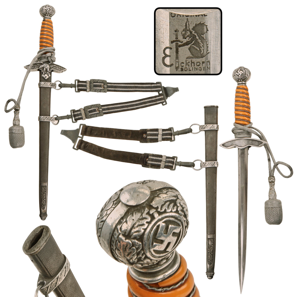 Original German WWII Luftwaffe 2nd Model Officer Dagger by Carl Eickhorn with Scabbard, Belt Hanger, and Portepee