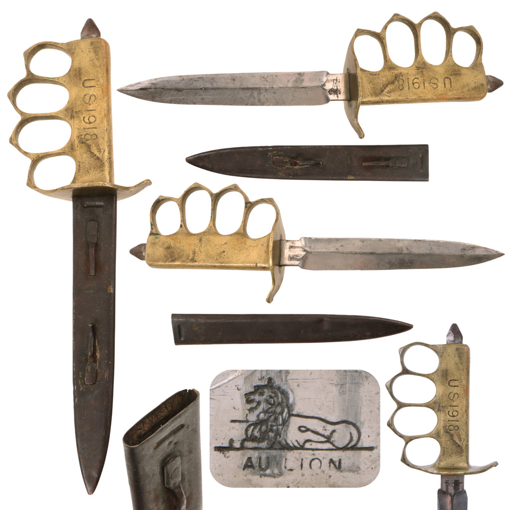 Original U.S. WWI Model 1918 French Made Mark I Trench Knife by AU LION with Correct Steel Scabbard