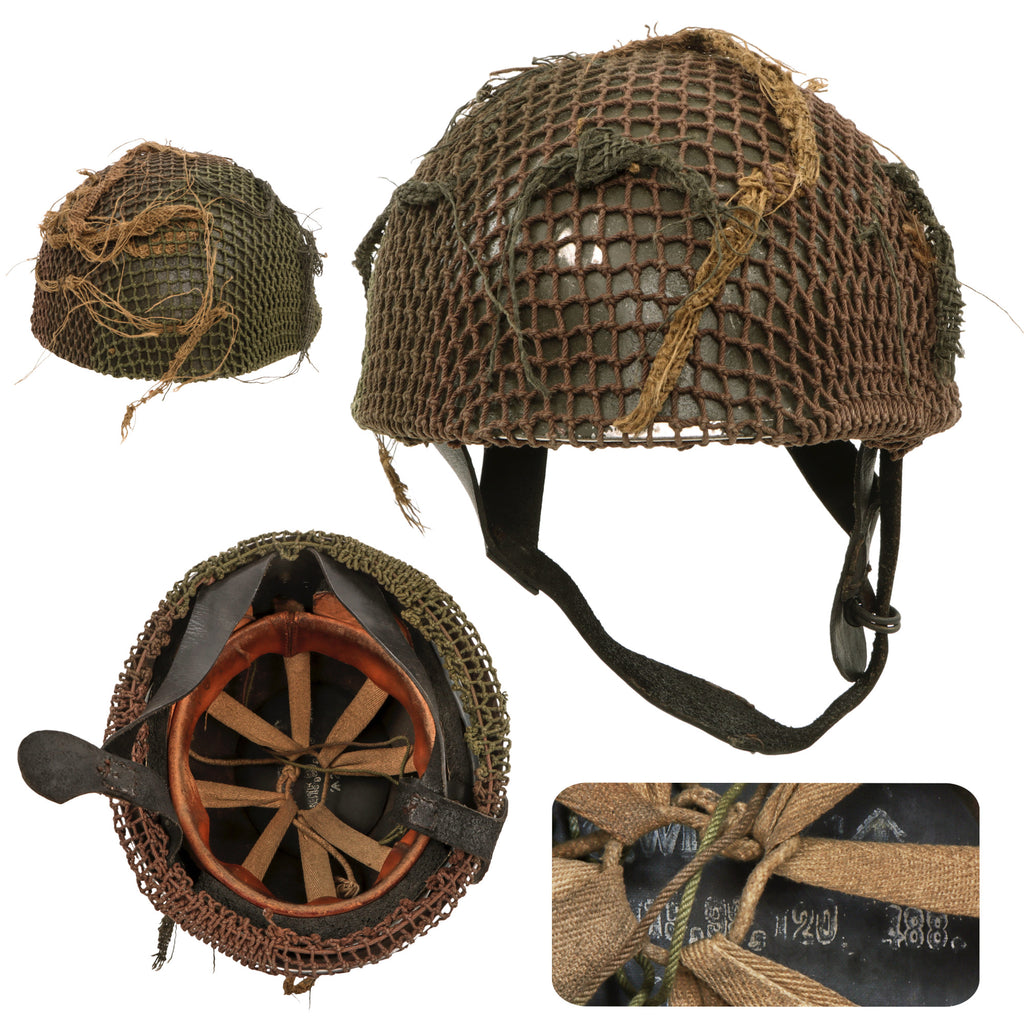 Original British WWII HSAT MKII Paratrooper Helmet with Post-War Liner, Mk. I Chinstraps, Original Two-Color Net & Scrim