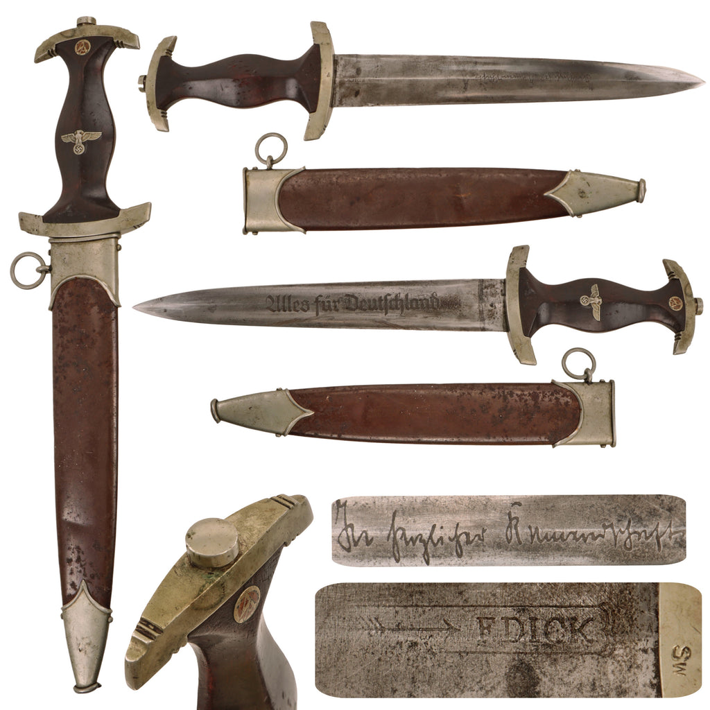 Original German WWII Partially Ground Ernst Röhm Inscription SA Dagger by Paul F. Dick of Esslingen with Scabbard, Sw Group Mark
