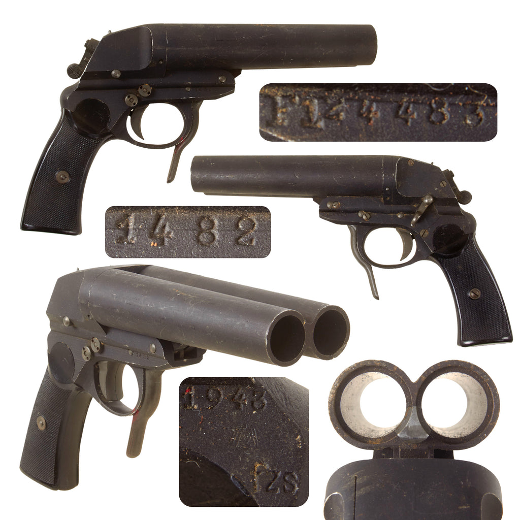 Original German WWII Luftwaffe Double Barrel Flare Signal Pistol by Krieghoff - Serial 1482 - Dated 1943 Original Items