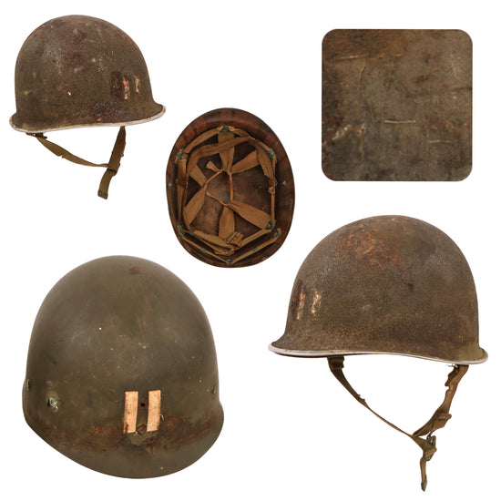 Original U.S. WWII Schlueter Fixed Bale Front Seam Captain’s M1 Helmet with Matching Firestone Liner Purportedly Found in Bastogne in 2005 - Untouched