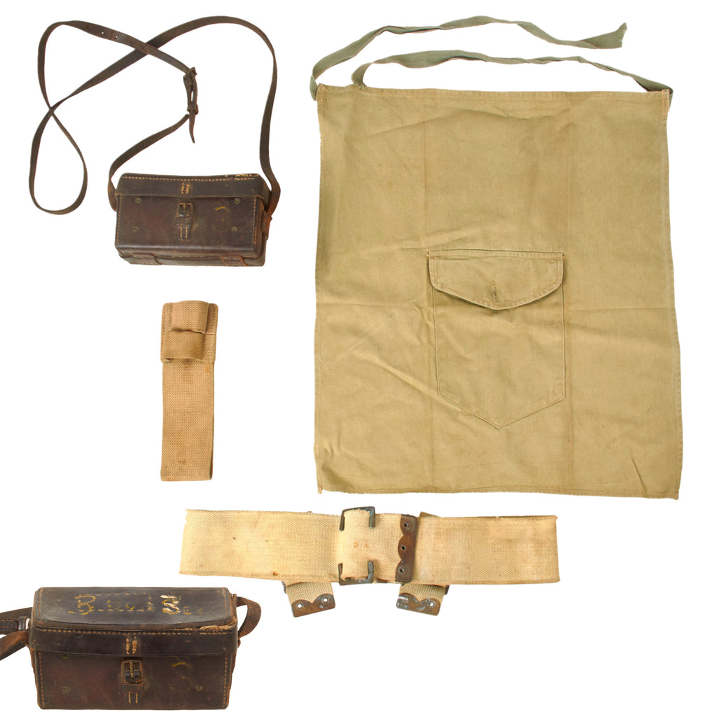 Original British WWI Field Gear Equipment Lot with Highland Regiment Kilt Apron, Vickers Machine Gun Clinometer Sight Case, P-08 Belt and P-08 Bayonet Frog