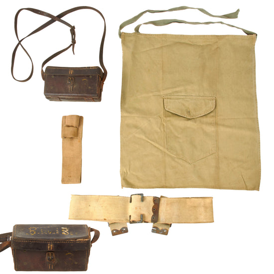Original British WWI Field Gear Equipment Lot with Highland Regiment Kilt Apron, Vickers Machine Gun Clinometer Sight Case, P-08 Belt and P-08 Bayonet Frog Original Items