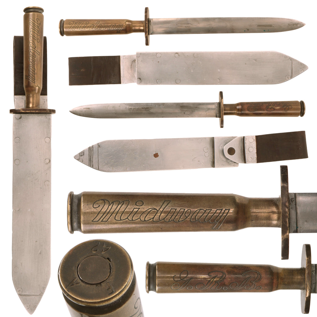Original U.S. WWII Navy “Ship Made” Cartridge Casing Handle Stiletto Fighting Knife Commemorating Battle of Midway with Sheath - Casing Dated 1942