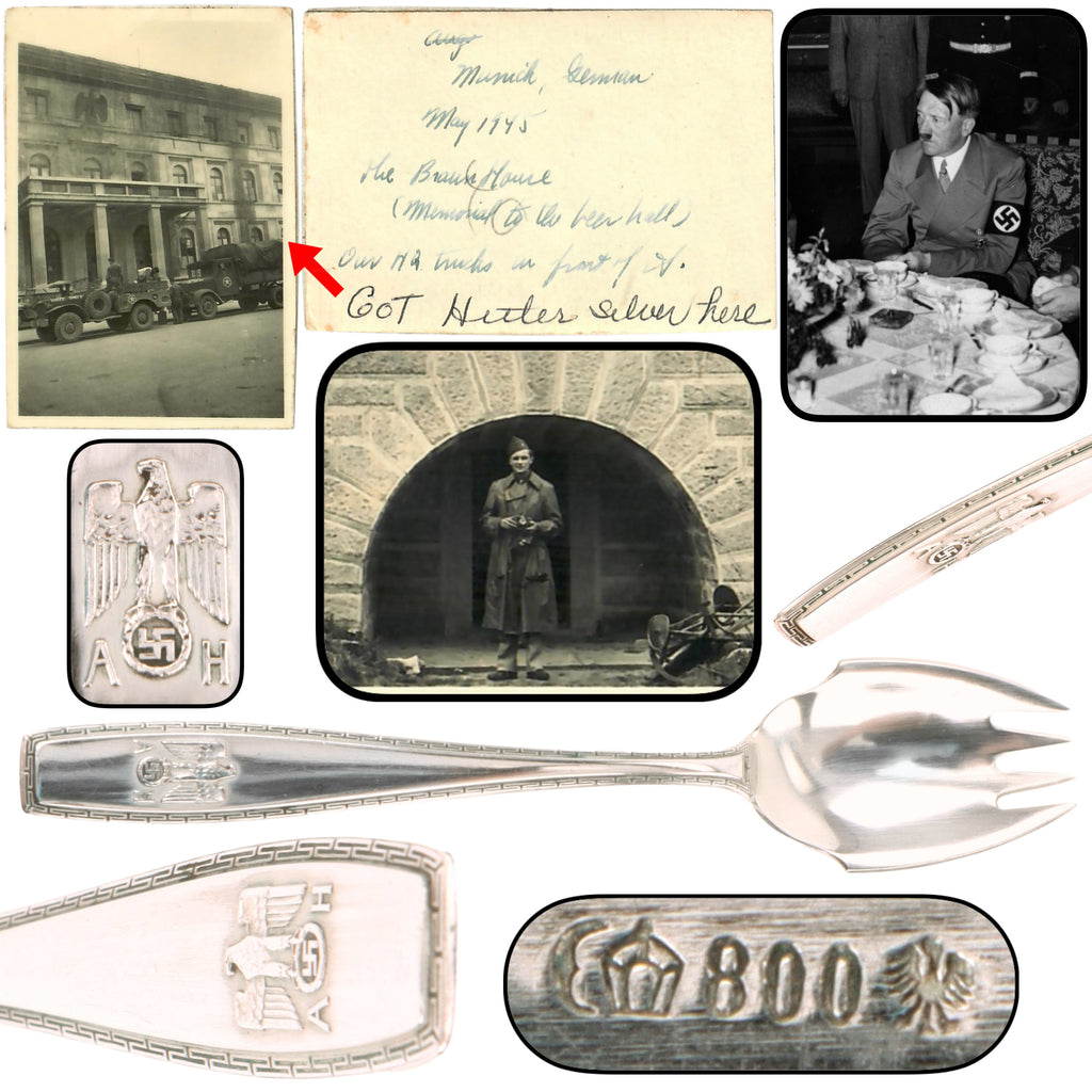 Original German WWII May 1945 Munich Führerbau Recovered AH “Formal Pattern” .800 Silver Oyster Fork by Bruckmann & Söhne with Notarized Provenance from Captain Abraham Epstein - 1269th Engineer Combat Battalion