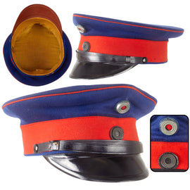Original Imperial German WWI Prussian Dark Blue Infantry Officer’s Dunkelblau Schirmmütze Visor Cap with Chinstrap & Sweatband Repair - Pronounced Peak