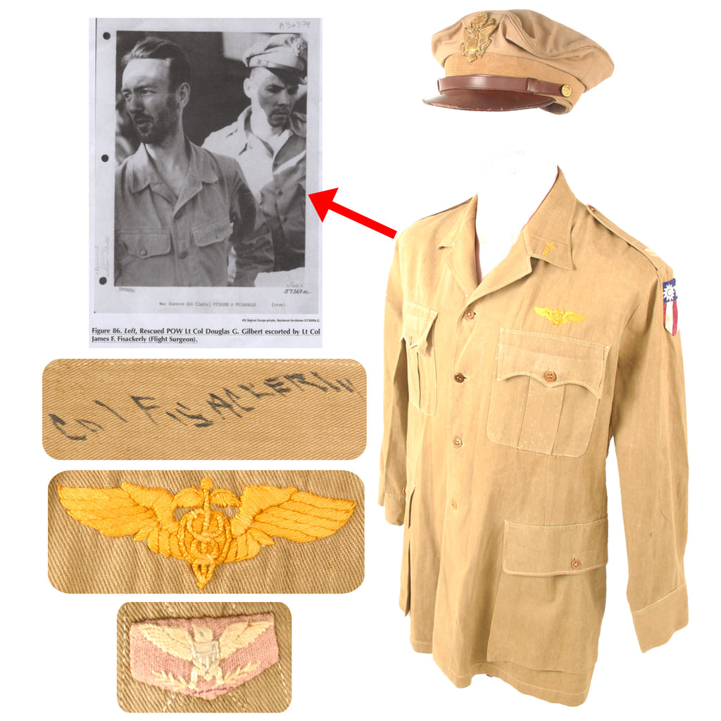 Original U.S. WWII CBI Flight Surgeon Colonel James Fisackerly’s Theater-Made "Bush Jacket" w/ Direct Embroider Insignia & Crusher Cap - Assisted in Rescue of POWs with "Air Commandos" In Burma Original Items