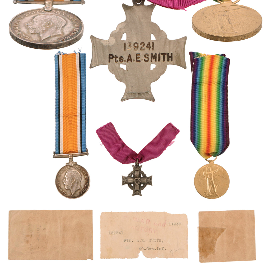 Original Canadian WWI KIA Medal Group with Sterling Memorial Cross - Albert Edward Smith, 60th Battalion Canadian Infantry - Killed in Action August 17th, 1917