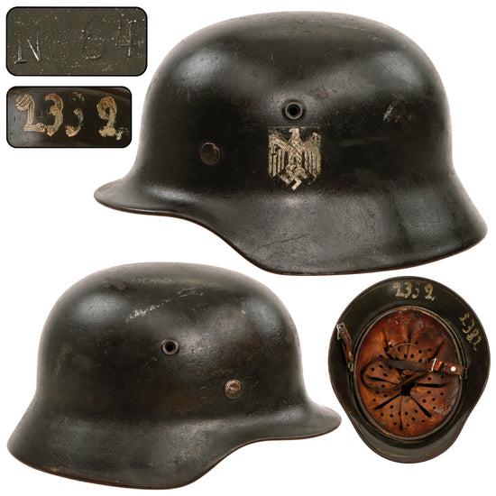 Original German WWII Heer Army Single Decal M40 Steel Helmet with 1941 Dated 57cm Liner and Partial Chinstrap, Stamped NS64 Original Items