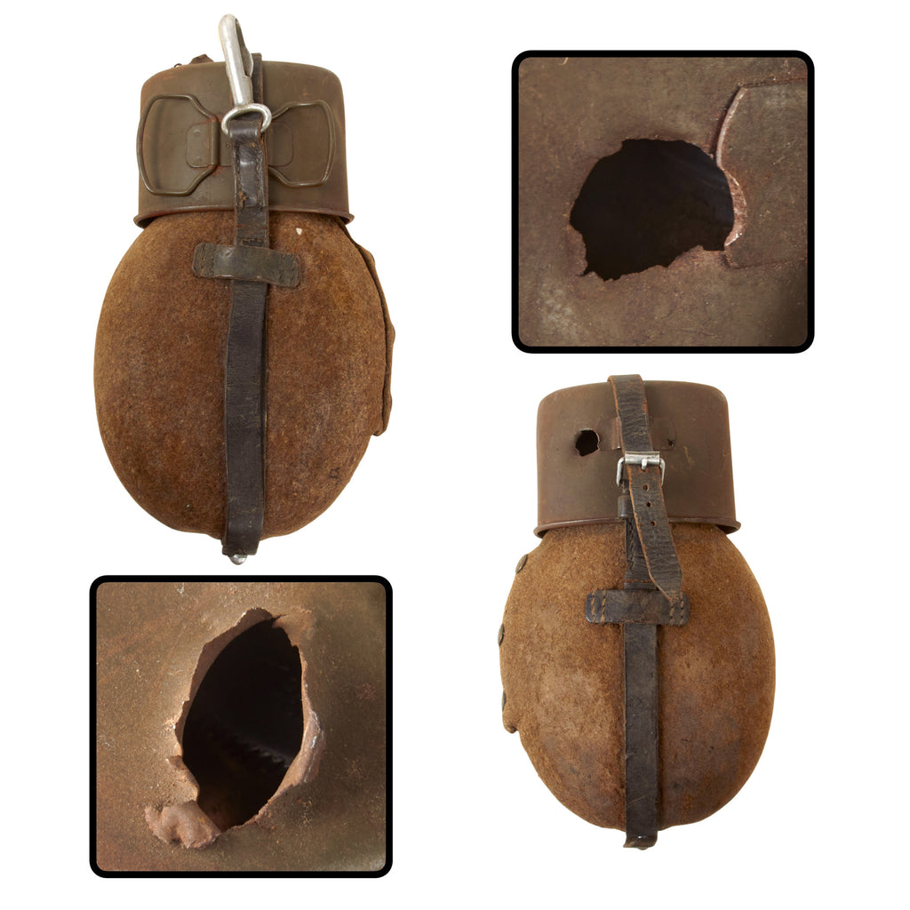 Original German WWII M31 Feldflasche Canteen – MKK 38 Matching Flask, Cap & Felt Cover with ESB 43 Steel Cup & Puncture Damage