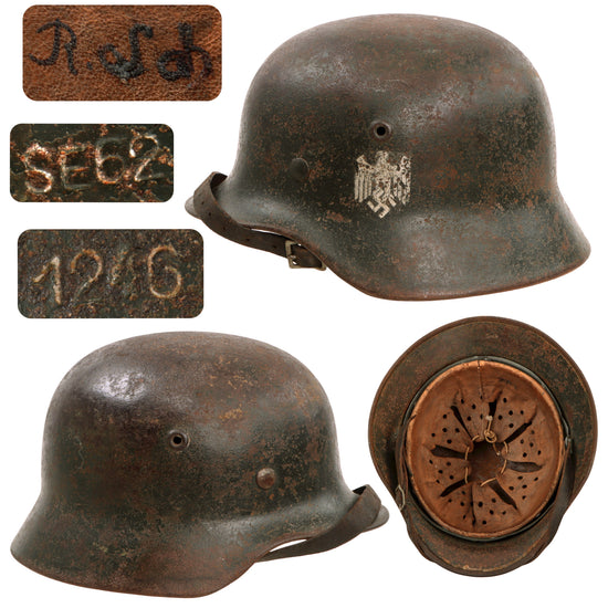 Original German WWII Heer Army M40 Single Decal Steel Helmet with 1940 Dated 55cm Liner and Chinstrap - Stamped SE62